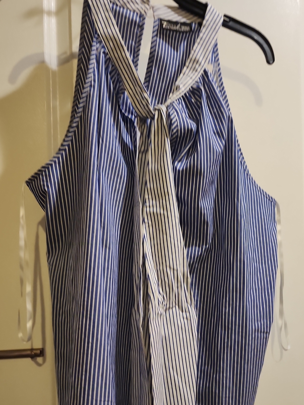 New York & Company Blue and White Striped Tie-Neck Sleeveless Blouse